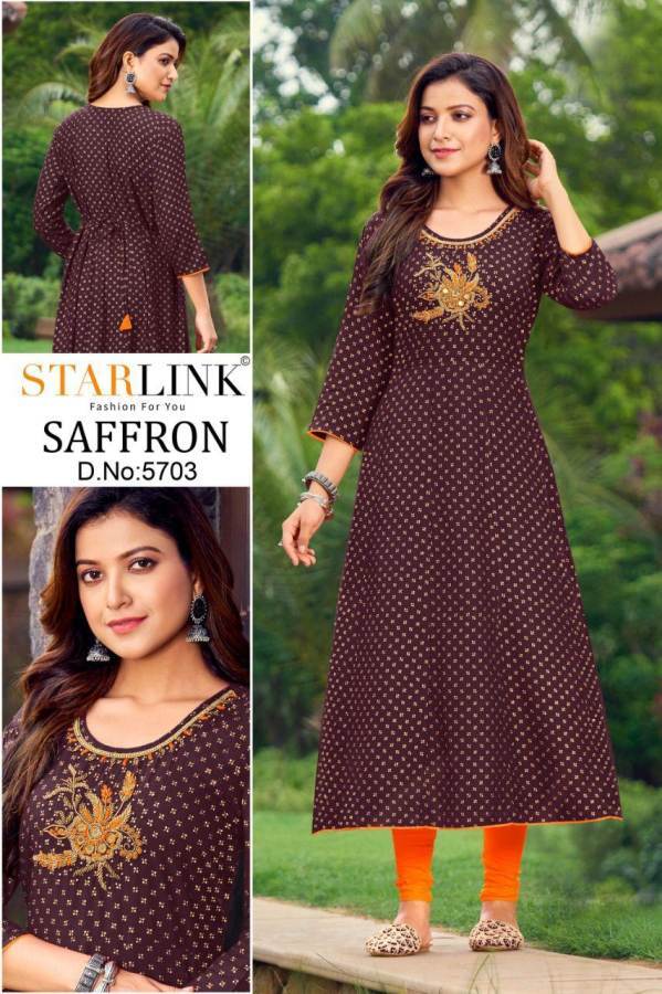 Starlink Saffron Rayon Fancy Ethnic Wear Foli Printed Kurti Collection